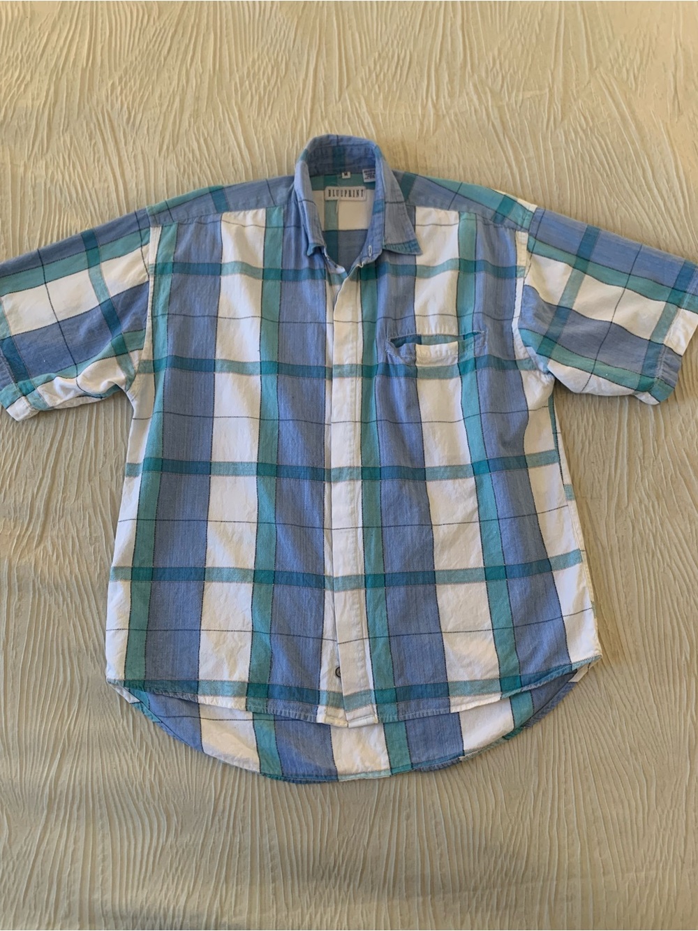 Vintage Blueprint Blue/White Madras Pattern Short Sleeve Button Down Shirt